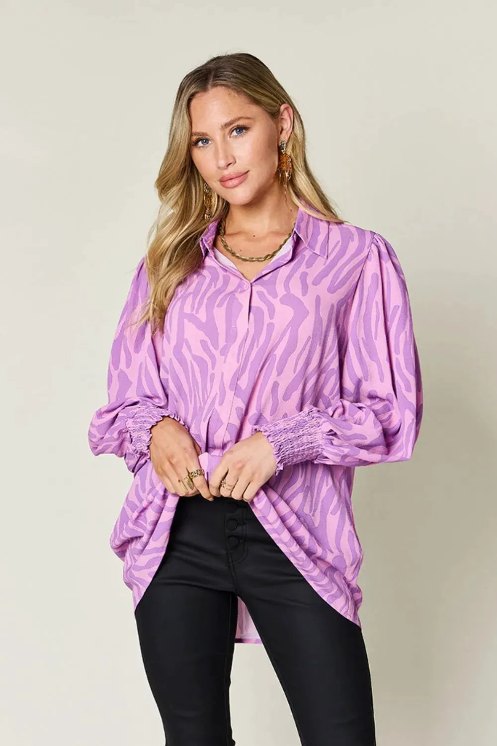 Double Take Full Size Printed Smocked Long Sleeve Blouse Plus Size by Double Take