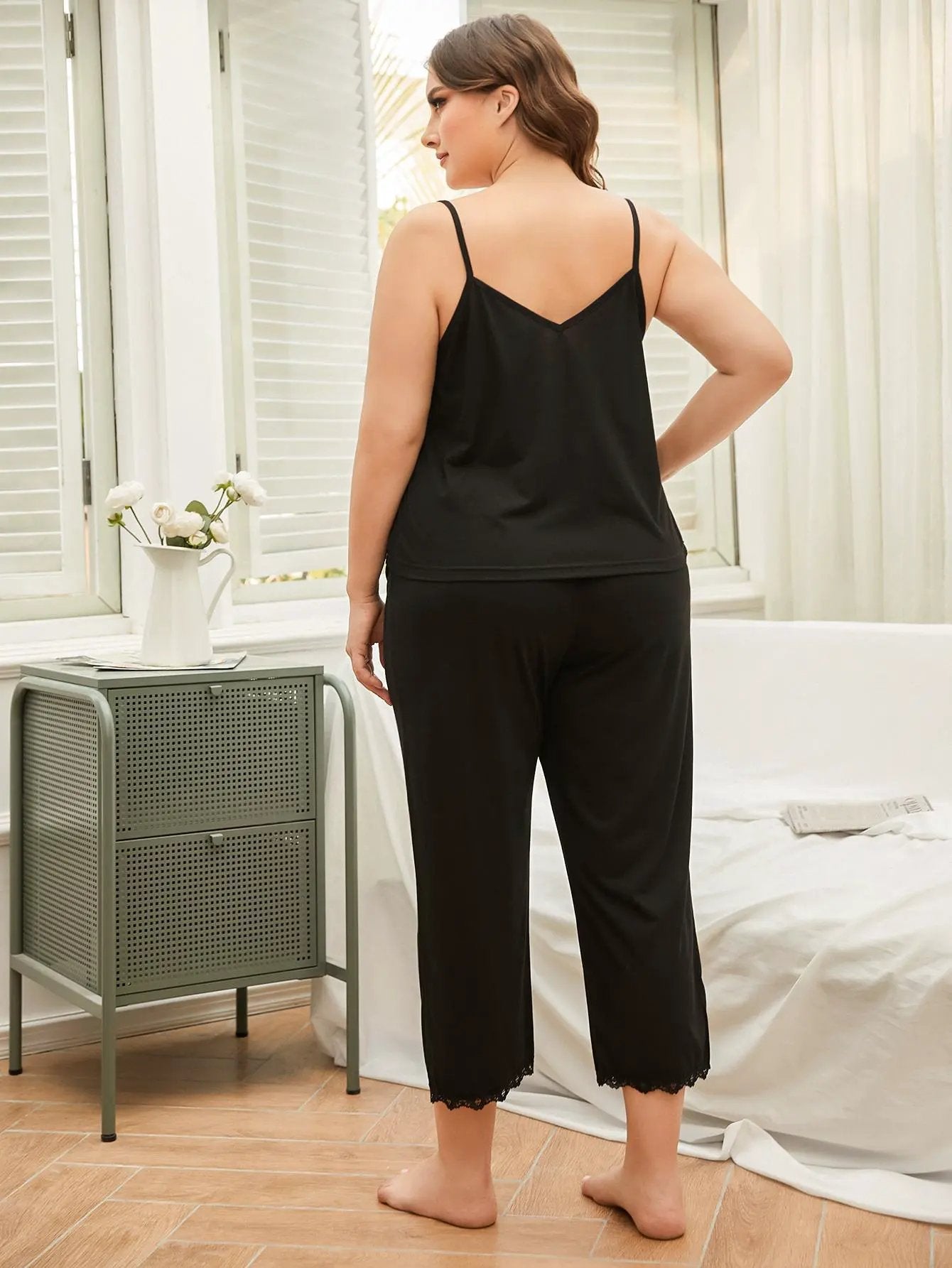 Plus Size Lace Trim Slit Cami and Pants Pajama Set by Partner Label