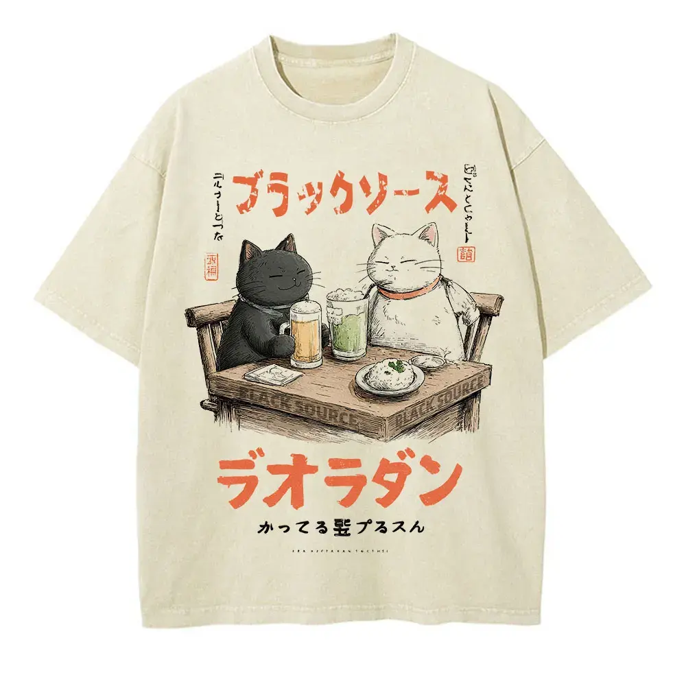Japanese Cat Cartoon Graphic Baggy T-Shirt Men Streetwear by Vimost Shop