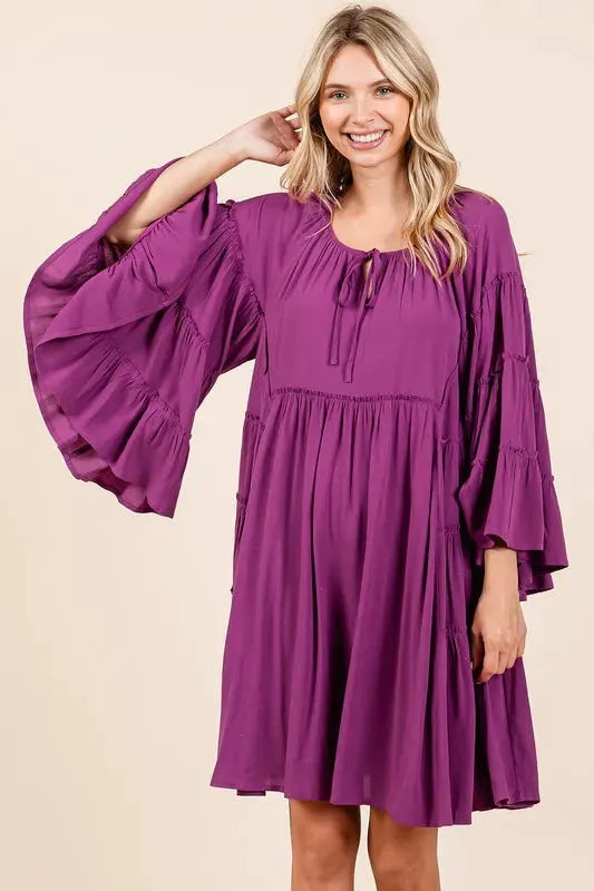 Mittoshop Frill Tie Neck Bell Sleeve Dress by Mittoshop