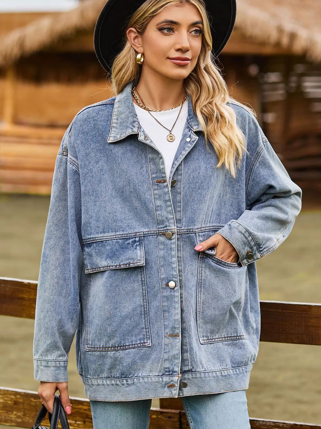 Dropped Shoulder Denim Jacket with Pockets by Partner Label