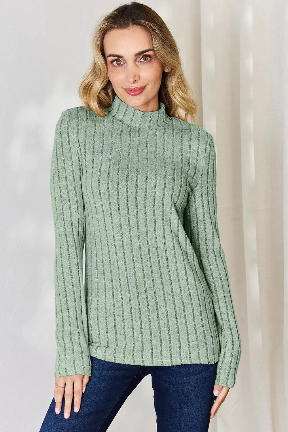 Basic Bae Full Size Ribbed Mock Neck Long Sleeve T-Shirt by Basic Bae
