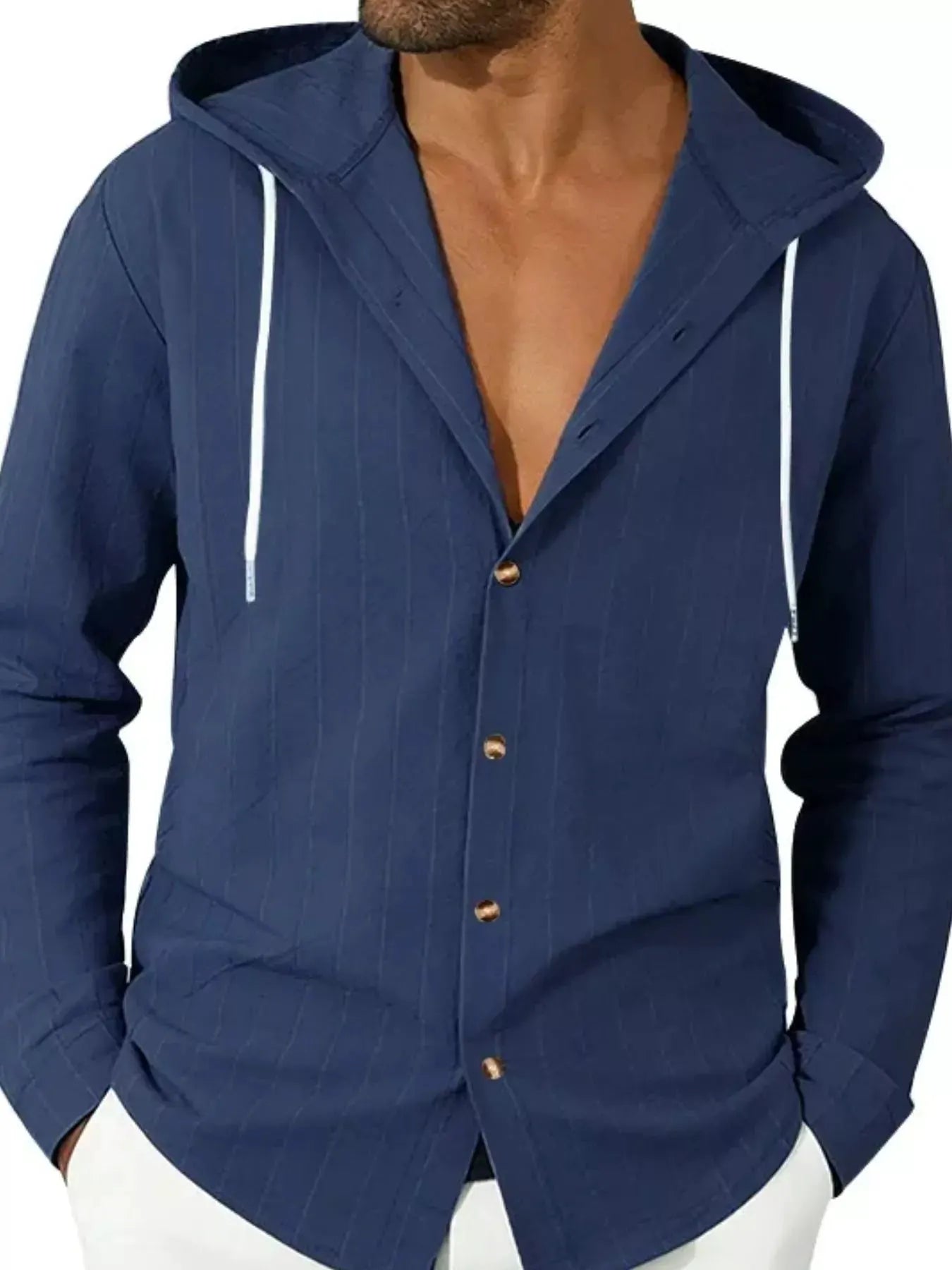 Men's Full Size Drawstring Hooded Button Up Shirt Plus Size by Trendsi