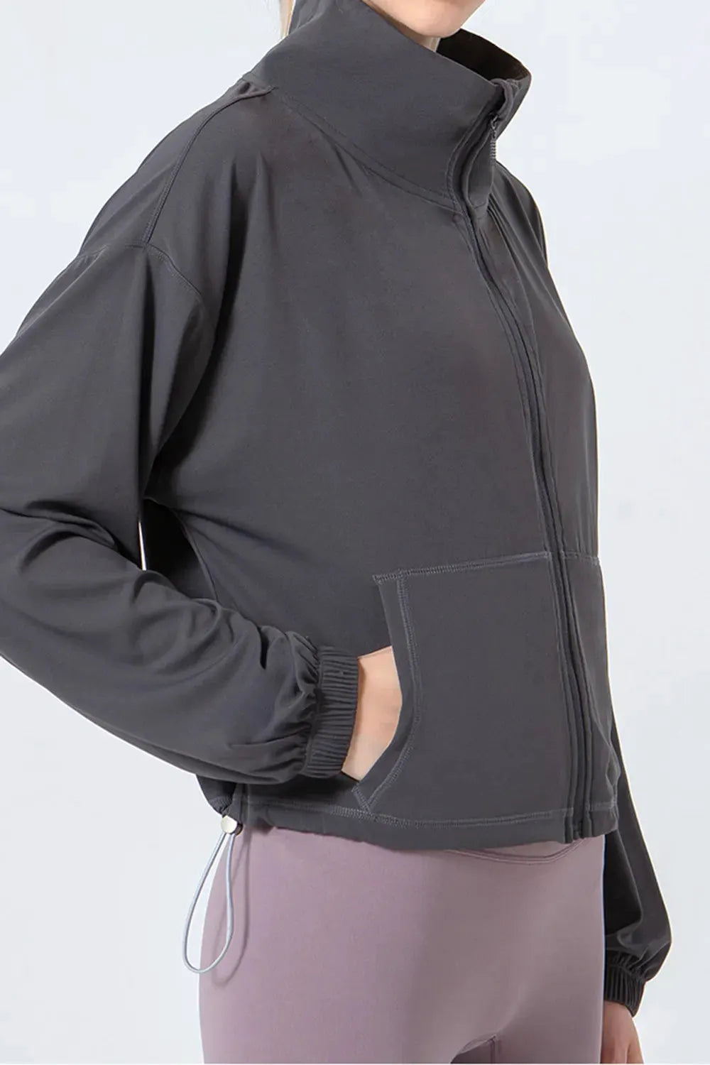 Drawstring Zip Up Dropped Shoulder Active Outerwear by Partner Label