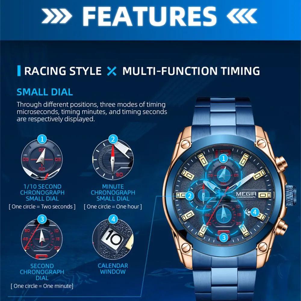 MEGIR Luxury Men Business Casual Wristwatch Chronograph Stainless Steel Waterproof Luminous Quartz Watch Clock Calendar Reloj Hombre 2063 by MEGIR WATCH GROUP