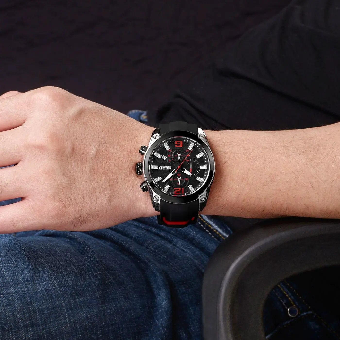 MEGIR Brand Luxury Big Dial Sport Quartz Watch for Men Waterproof Silicone Strap Chronograph Clock Wristwatch Reloj Hombre 2063 by MEGIR WATCH GROUP