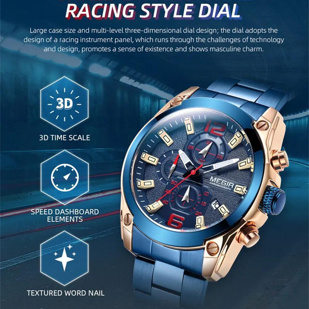 MEGIR Luxury Men Business Casual Wristwatch Chronograph Stainless Steel Waterproof Luminous Quartz Watch Clock Calendar Reloj Hombre 2063 by MEGIR WATCH GROUP