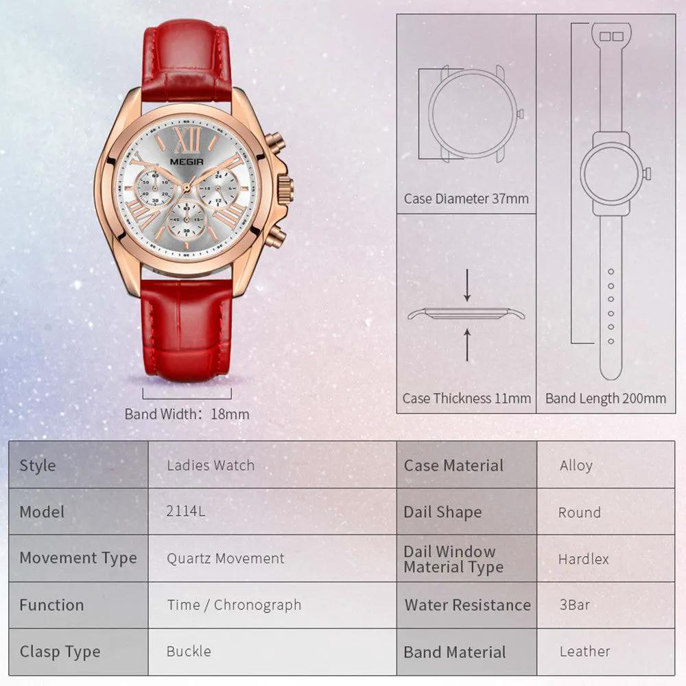 MEGIR Watches for Women Luxury Ladies Wristwatch Leather Waterproof Elegant Dress Quartz Chronograph Female Clock 24-hour 2114 by MEGIR WATCH GROUP