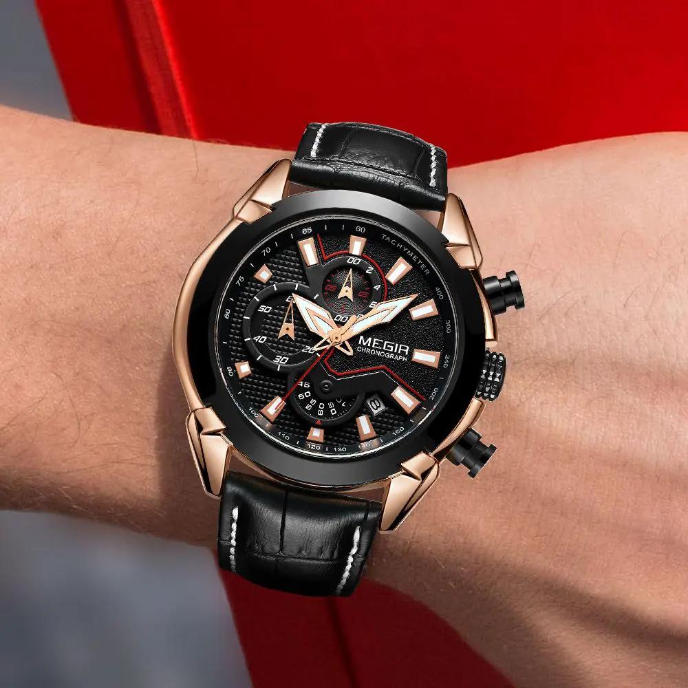 MEGIR Luxury Brand Military Sport Watches for Men Leather Strap Quartz Wristwatch Waterproof Date Chronograph Reloj Hombre 2065 by MEGIR WATCH GROUP