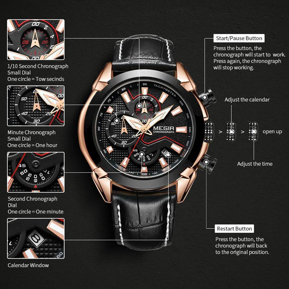 MEGIR Luxury Brand Military Sport Watches for Men Leather Strap Quartz Wristwatch Waterproof Date Chronograph Reloj Hombre 2065 by MEGIR WATCH GROUP