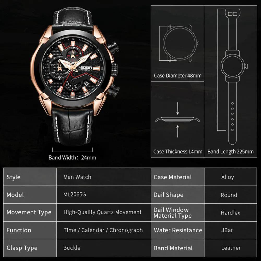 MEGIR Luxury Brand Military Sport Watches for Men Leather Strap Quartz Wristwatch Waterproof Date Chronograph Reloj Hombre 2065 by MEGIR WATCH GROUP