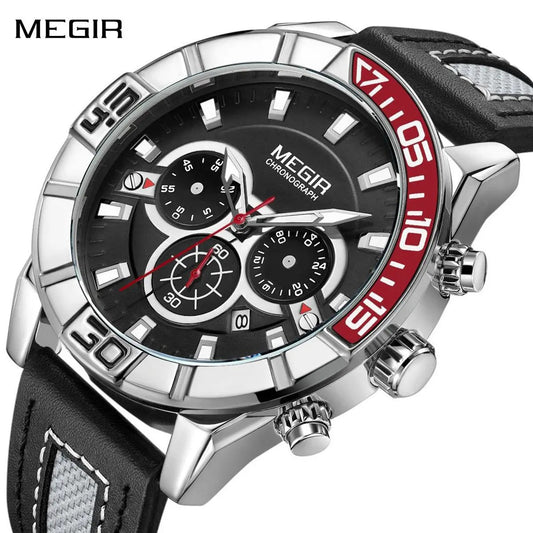 MEGIR Leather Strap Men Watches Fashion Military Sports Chronograph Waterproof Luminous Quartz Wristwatch Clock 24-hour 2066 by MEGIR WATCH GROUP