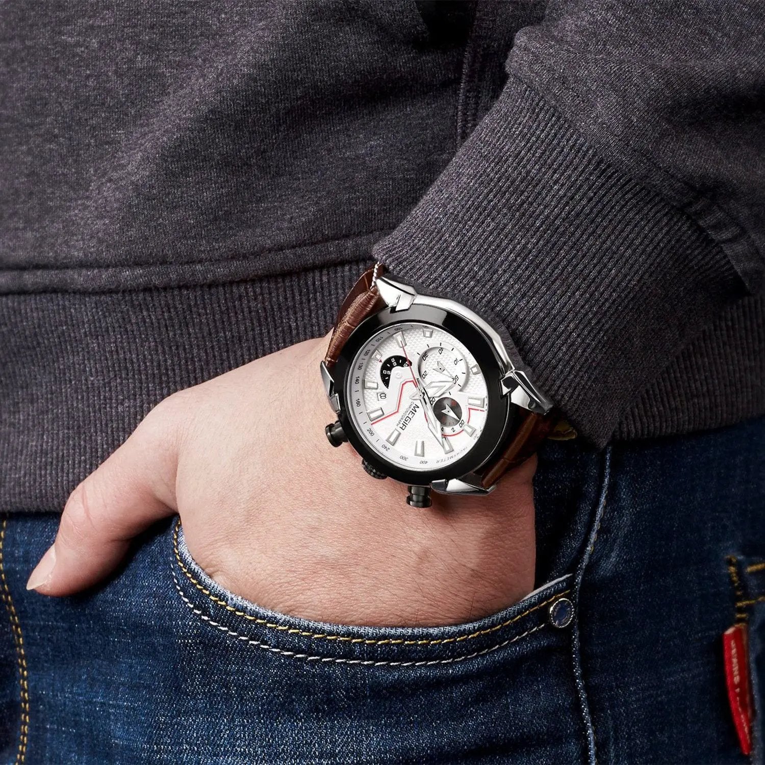 MEGIR Luxury Brand Military Sport Watches for Men Leather Strap Quartz Wristwatch Waterproof Date Chronograph Reloj Hombre 2065 by MEGIR WATCH GROUP