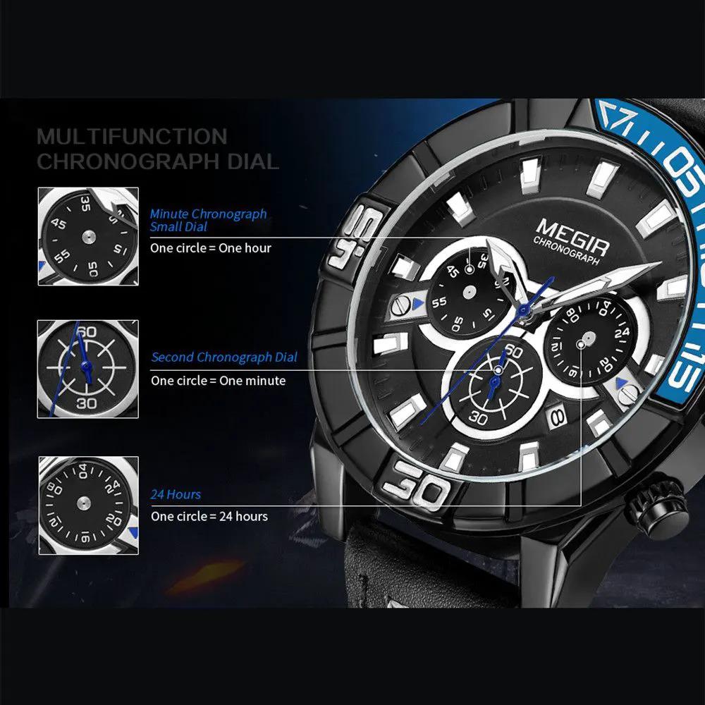 MEGIR Leather Strap Men Watches Fashion Military Sports Chronograph Waterproof Luminous Quartz Wristwatch Clock 24-hour 2066 by MEGIR WATCH GROUP