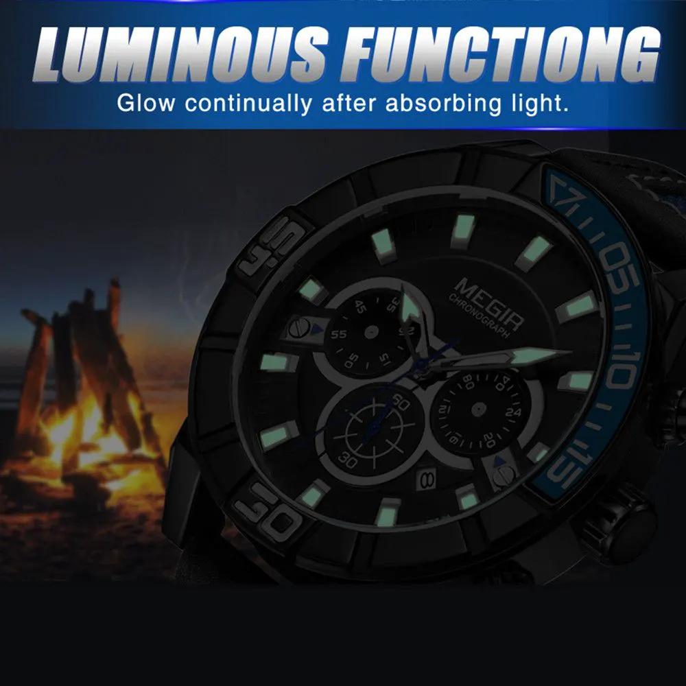 MEGIR Leather Strap Men Watches Fashion Military Sports Chronograph Waterproof Luminous Quartz Wristwatch Clock 24-hour 2066 by MEGIR WATCH GROUP