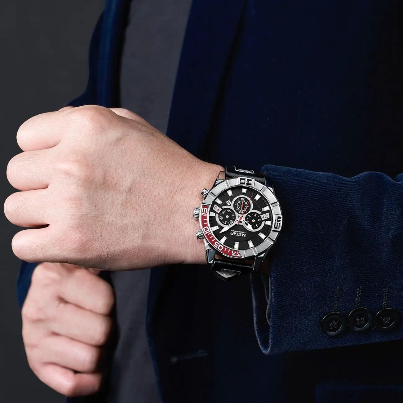 MEGIR Leather Strap Men Watches Fashion Military Sports Chronograph Waterproof Luminous Quartz Wristwatch Clock 24-hour 2066 by MEGIR WATCH GROUP