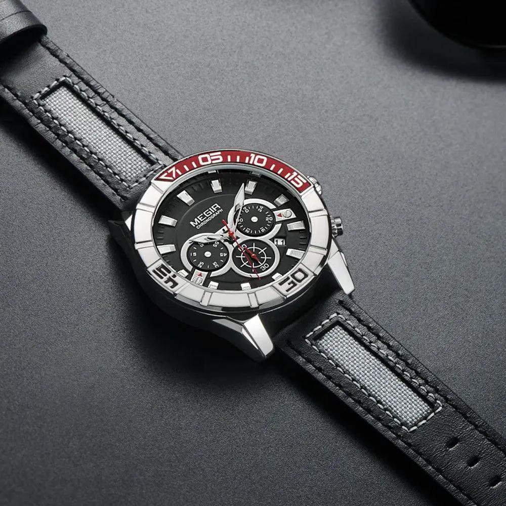 MEGIR Leather Strap Men Watches Fashion Military Sports Chronograph Waterproof Luminous Quartz Wristwatch Clock 24-hour 2066 by MEGIR WATCH GROUP
