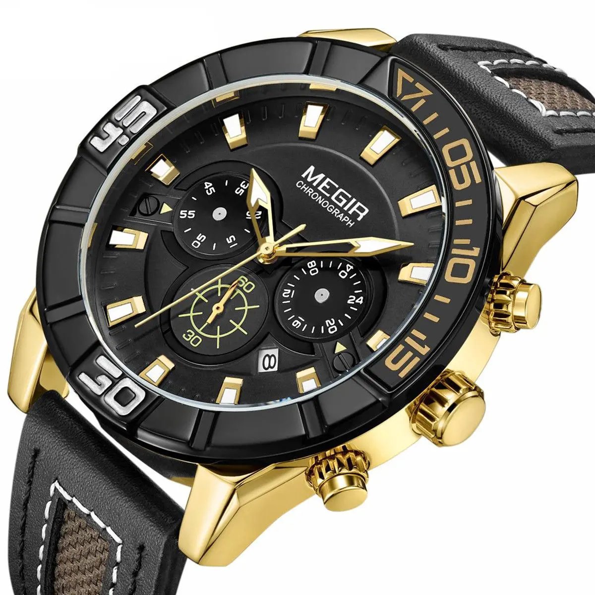 MEGIR Leather Strap Men Watches Fashion Military Sports Chronograph Waterproof Luminous Quartz Wristwatch Clock 24-hour 2066 by MEGIR WATCH GROUP