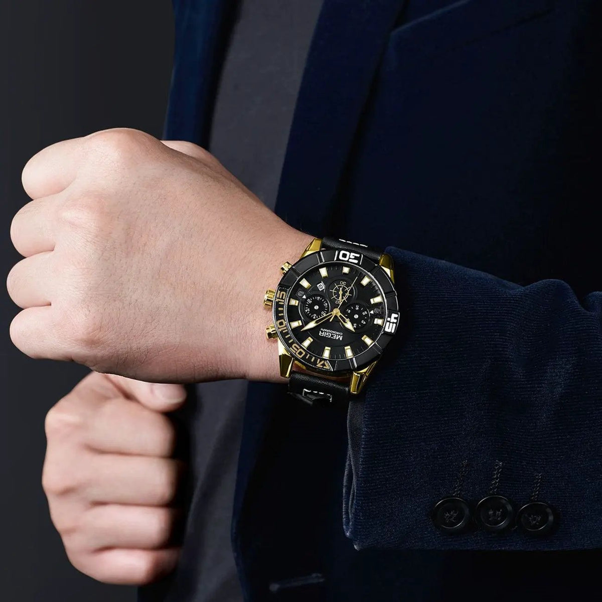 MEGIR Leather Strap Men Watches Fashion Military Sports Chronograph Waterproof Luminous Quartz Wristwatch Clock 24-hour 2066 by MEGIR WATCH GROUP