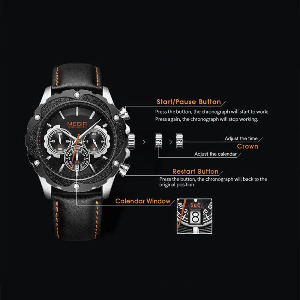 MEGIR Luxury Sport Watches for Men Waterproof Quartz Wrist Watch Chronograph Leather Military Wristwatch Clock Reloj Hombre 2070 by MEGIR WATCH GROUP