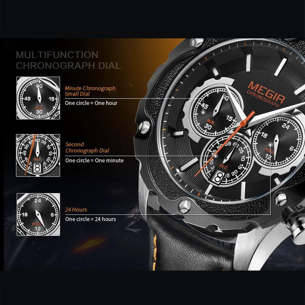MEGIR Luxury Sport Watches for Men Waterproof Quartz Wrist Watch Chronograph Leather Military Wristwatch Clock Reloj Hombre 2070 by MEGIR WATCH GROUP