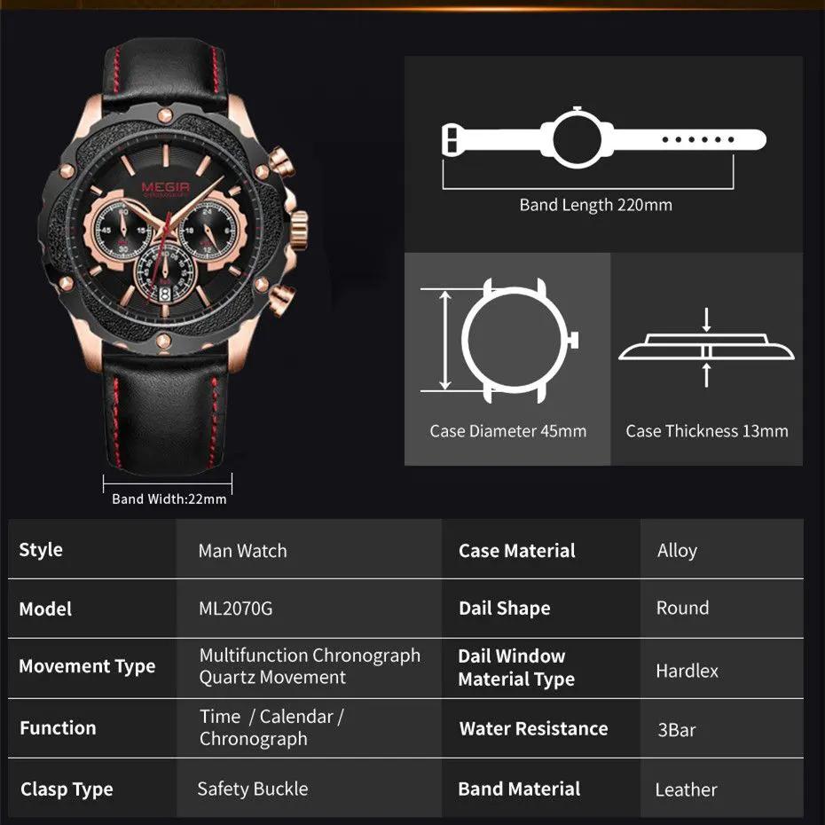 MEGIR Luxury Sport Watches for Men Waterproof Quartz Wrist Watch Chronograph Leather Military Wristwatch Clock Reloj Hombre 2070 by MEGIR WATCH GROUP
