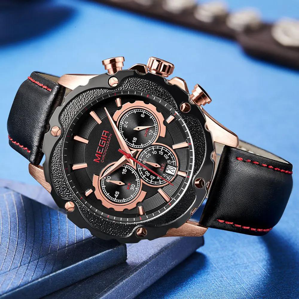 MEGIR Luxury Sport Watches for Men Waterproof Quartz Wrist Watch Chronograph Leather Military Wristwatch Clock Reloj Hombre 2070 by MEGIR WATCH GROUP