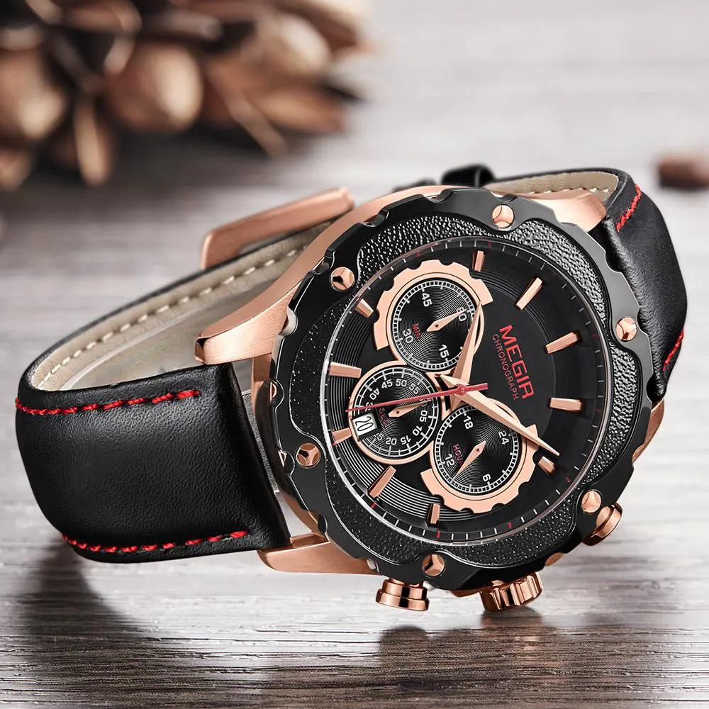 MEGIR Luxury Sport Watches for Men Waterproof Quartz Wrist Watch Chronograph Leather Military Wristwatch Clock Reloj Hombre 2070 by MEGIR WATCH GROUP