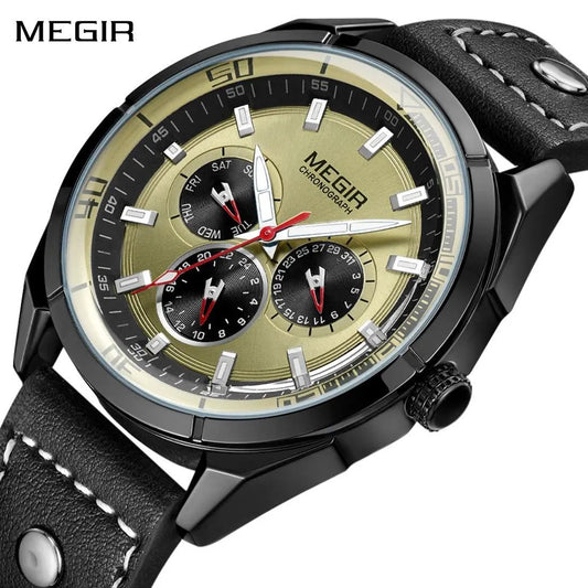 MEGIR Fashion Quartz Chronograph Watch for Men Leather Strap Military Sport Wristwatch Waterproof 24-hour Week Date Clock 2072 by MEGIR WATCH GROUP