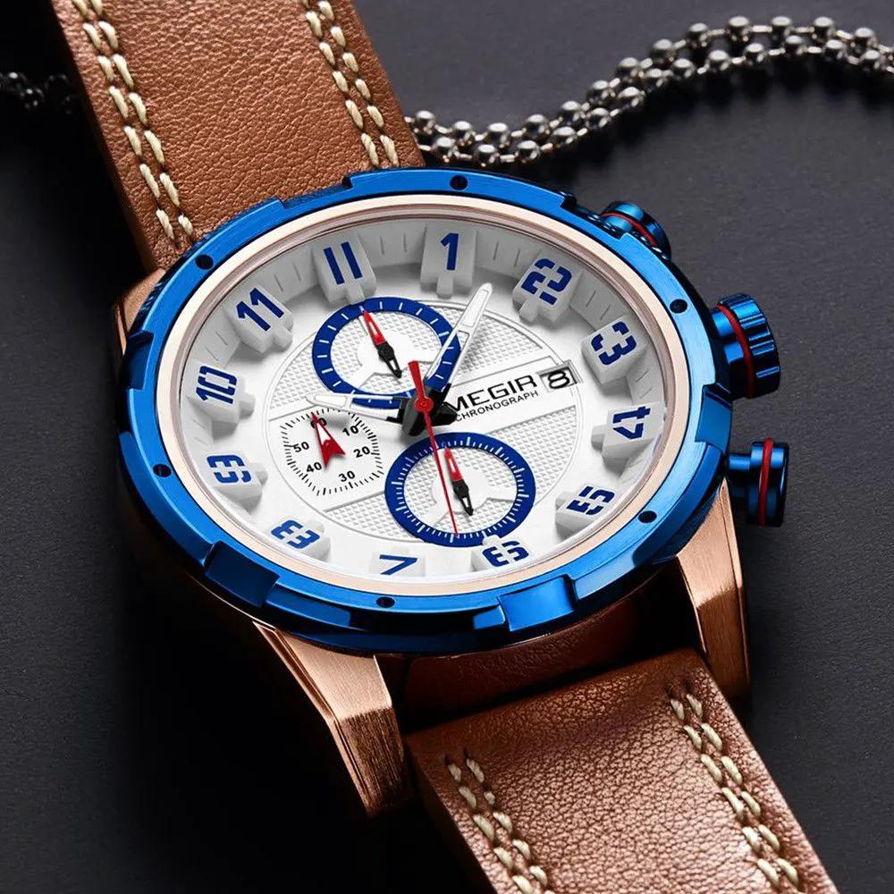 MEGIR Sport Watch for Men Leather Strap Quartz Military Wristwatch with Chronograph Waterproof Calendar Clock Reloj Hombre 2082 by MEGIR WATCH GROUP