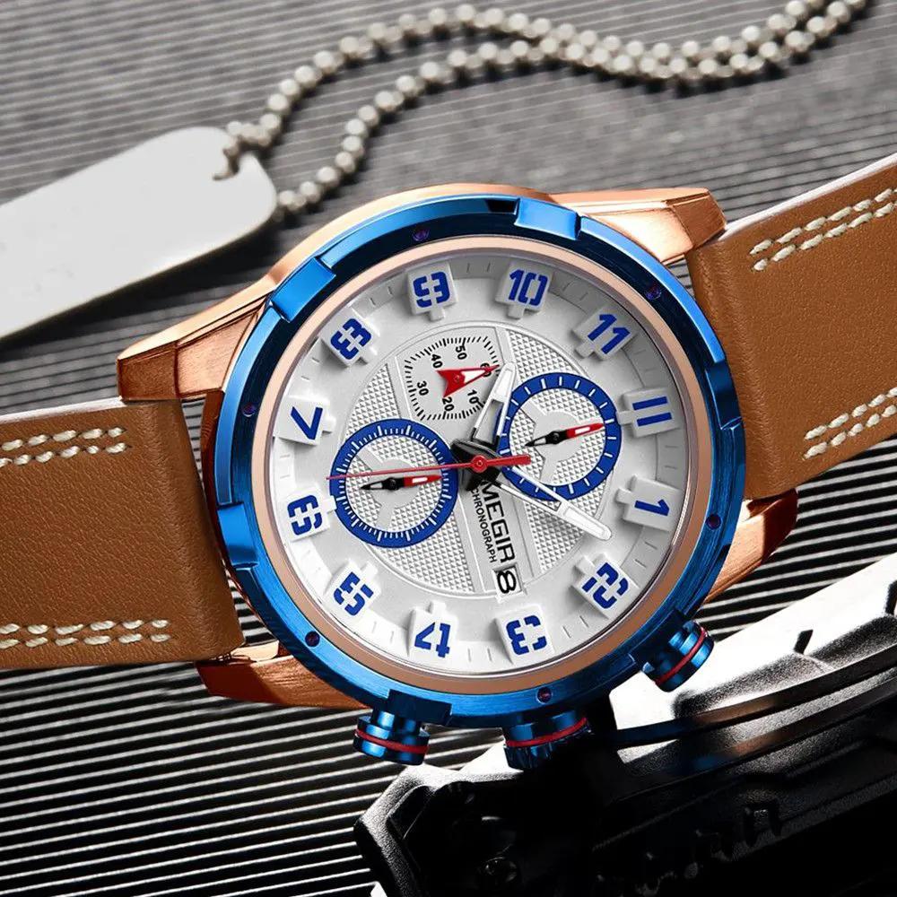 MEGIR Sport Watch for Men Leather Strap Quartz Military Wristwatch with Chronograph Waterproof Calendar Clock Reloj Hombre 2082 by MEGIR WATCH GROUP