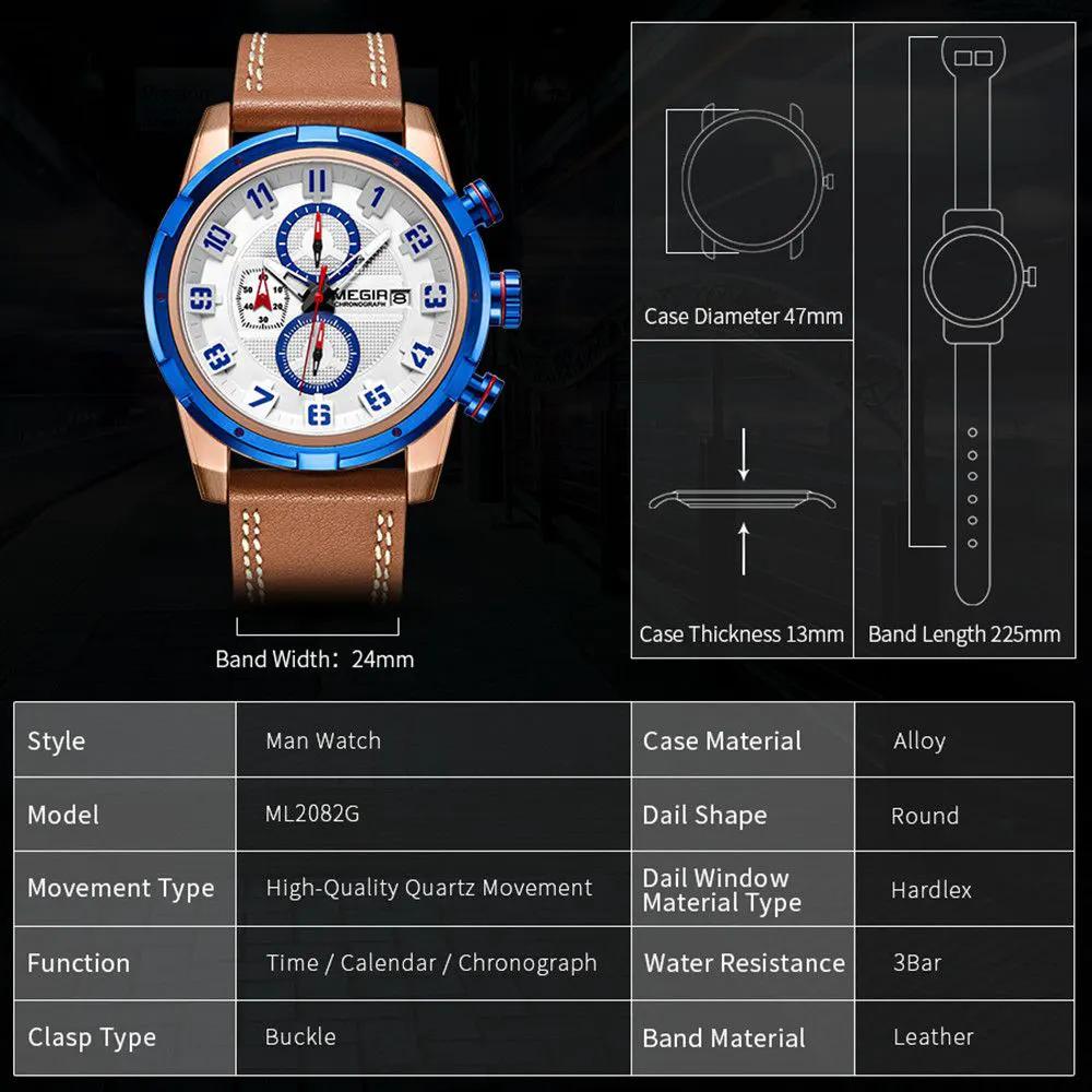 MEGIR Sport Watch for Men Leather Strap Quartz Military Wristwatch with Chronograph Waterproof Calendar Clock Reloj Hombre 2082 by MEGIR WATCH GROUP
