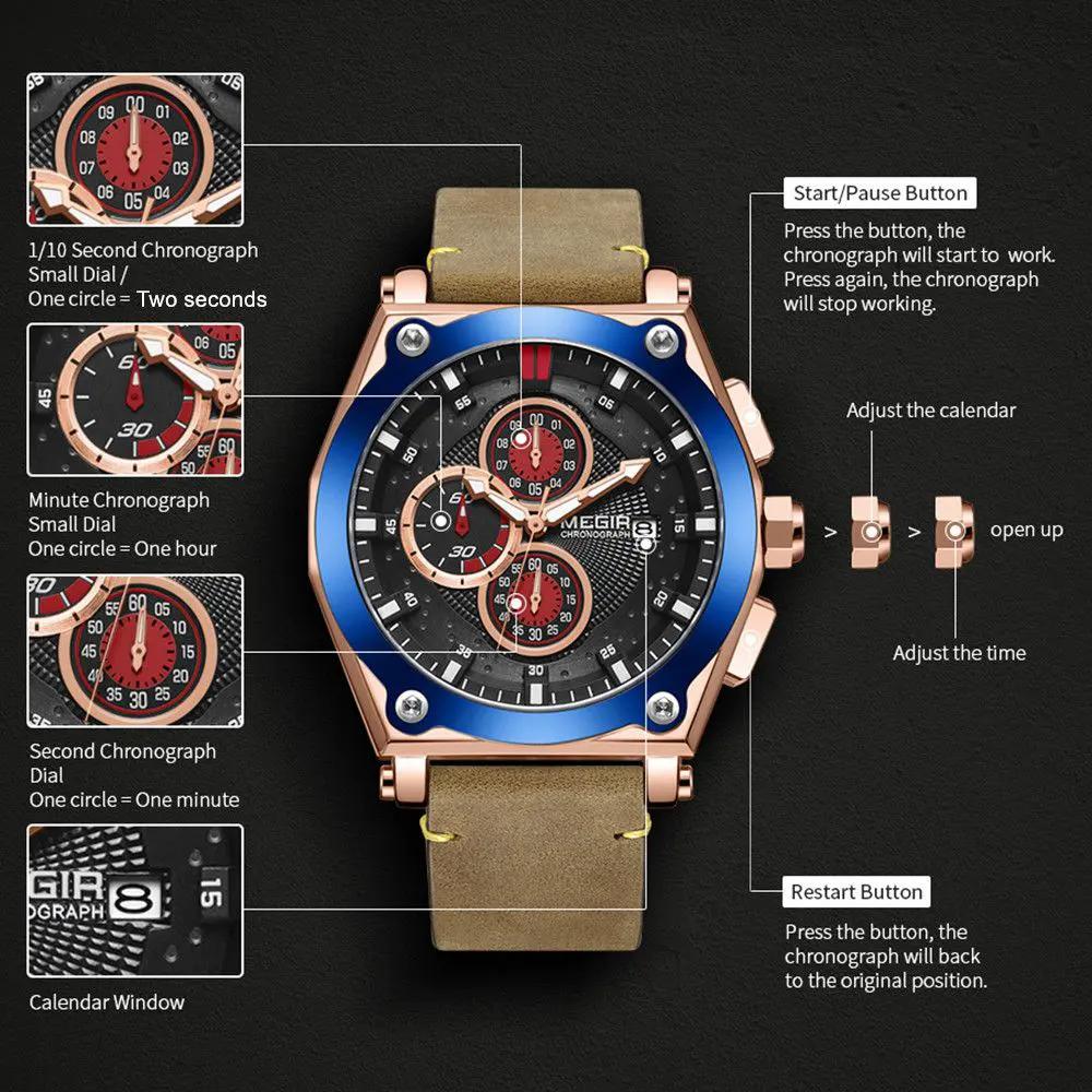 MEGIR Luxury Quartz Men Watch Multifunction Leather Strap Sport Chronograph Waterproof Man Wristwatch Clock Montre Homme 2098 by MEGIR WATCH GROUP