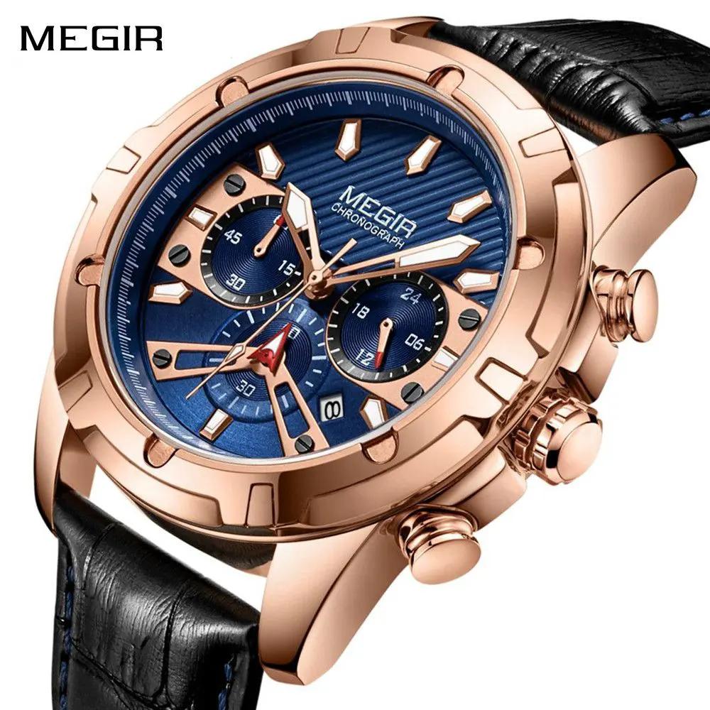 MEGIR Luxury Men Sport Watches Leather Military Quartz Wristwatch Waterproof Man Chronograph Clock 24 hour Montre Homme 2102 by MEGIR WATCH GROUP