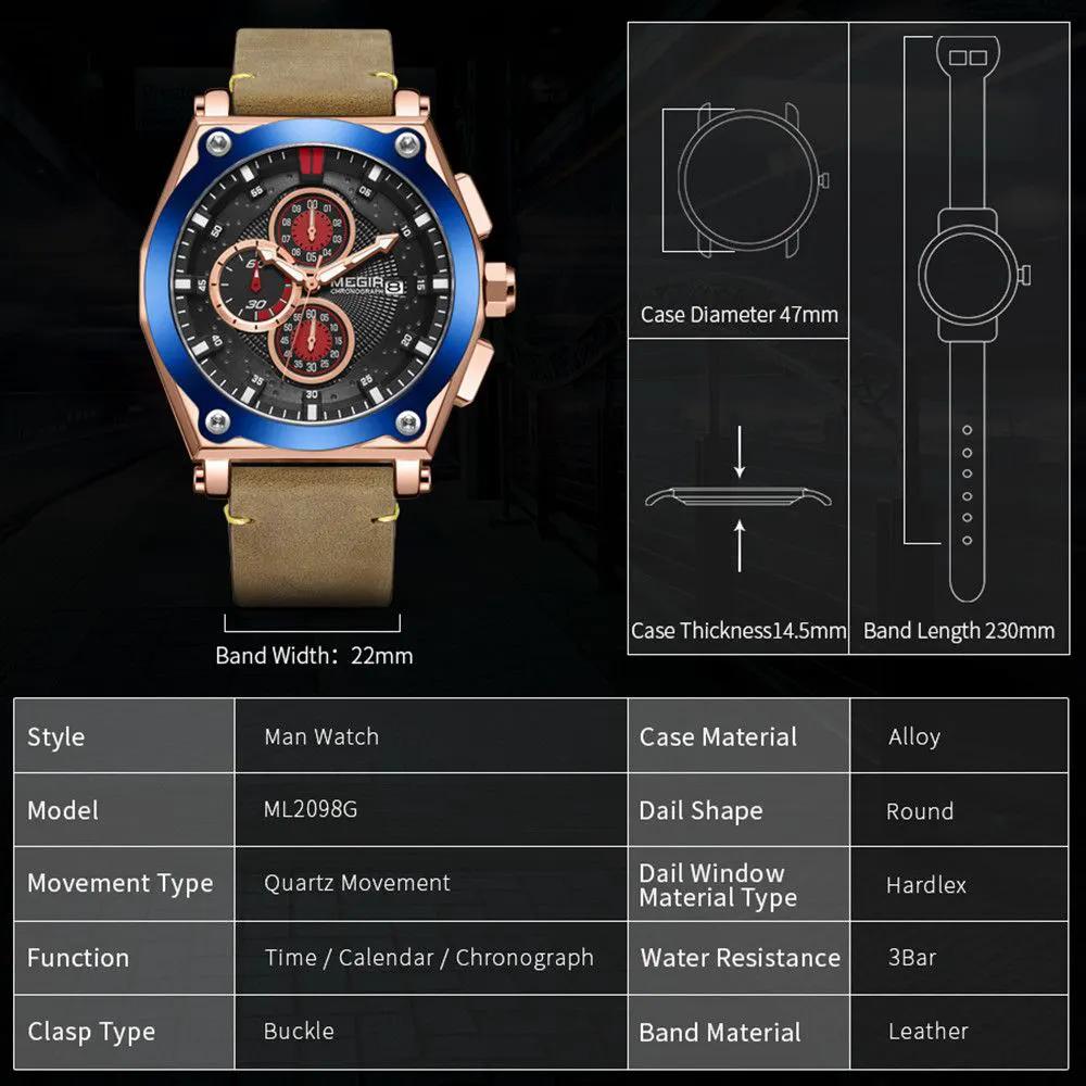 MEGIR Luxury Quartz Men Watch Multifunction Leather Strap Sport Chronograph Waterproof Man Wristwatch Clock Montre Homme 2098 by MEGIR WATCH GROUP