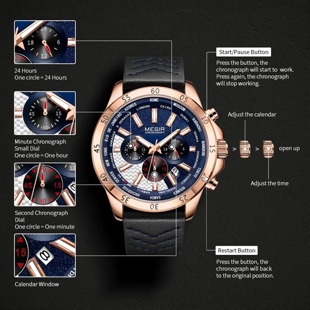 MEGIR Men Sport Watch Luxury Leather Strap Casual Quartz Chronograph Waterproof Luminous Male Wristwatch Relogio Masculino 2103 by MEGIR WATCH GROUP