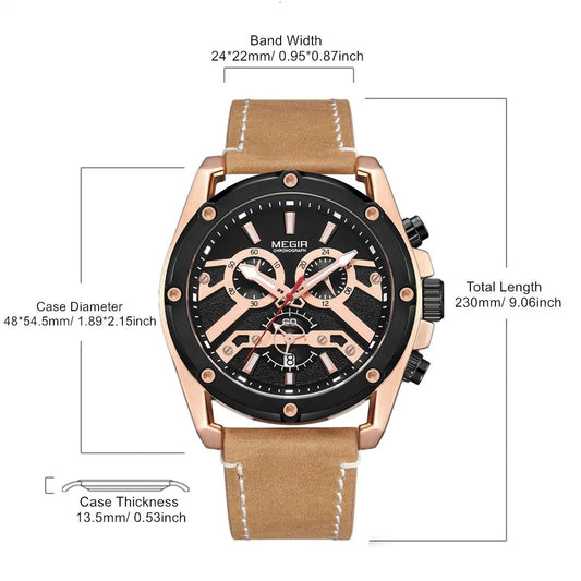 MEGIR Watches for Men Leather Strap Sport Wristwatch Male Clock Waterproof Luminous Quartz Chronograph 24-hour Reloj Hombre 2120 by MEGIR WATCH GROUP
