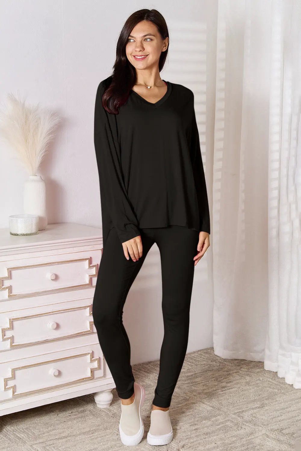 Basic Bae Full Size V-Neck Soft Rayon Long Sleeve Top and Pants Lounge Set by Basic Bae