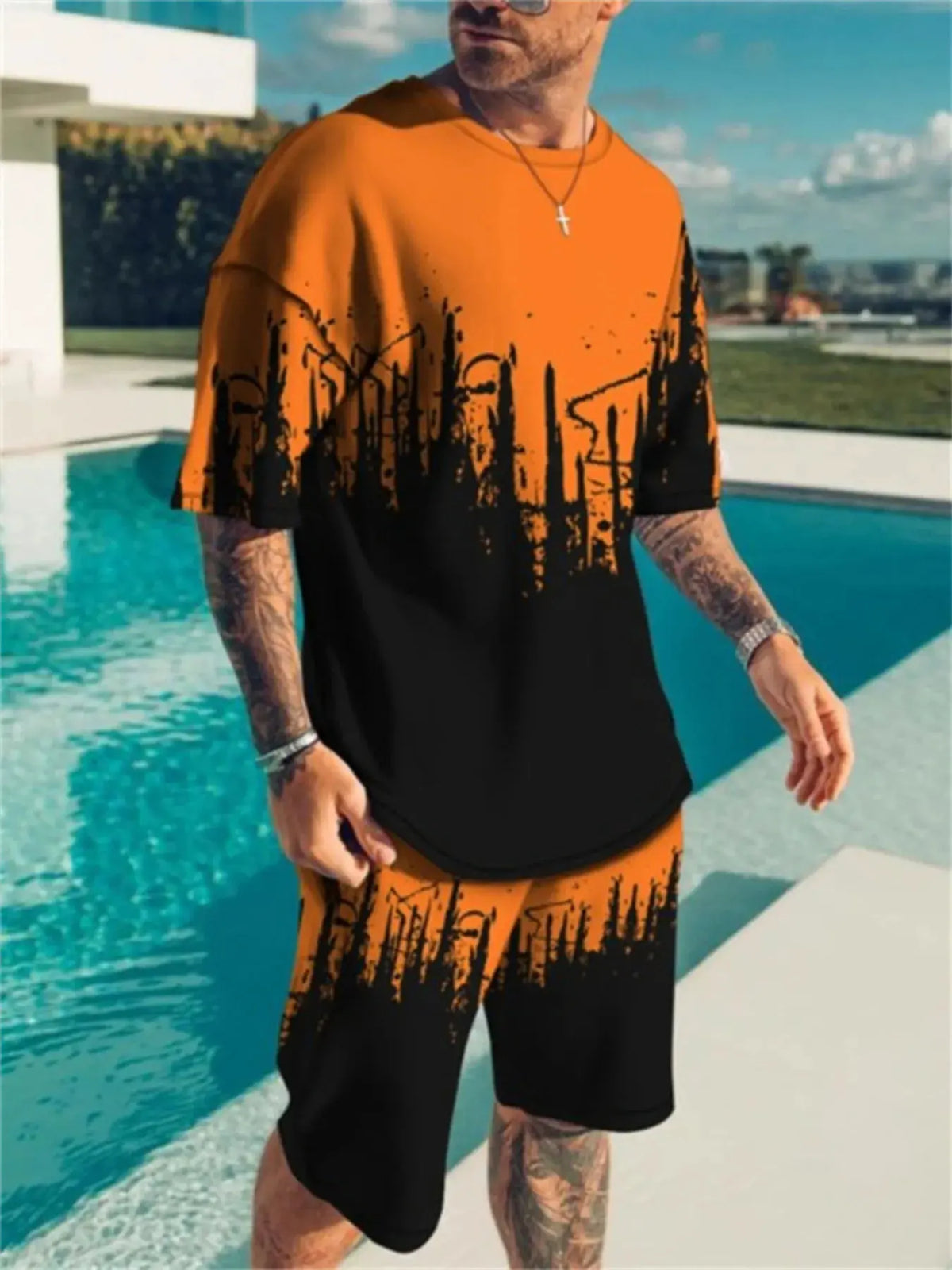 Men's Full Size Contrast Short Sleeve Top and Shorts Set Plus Size by Trendsi
