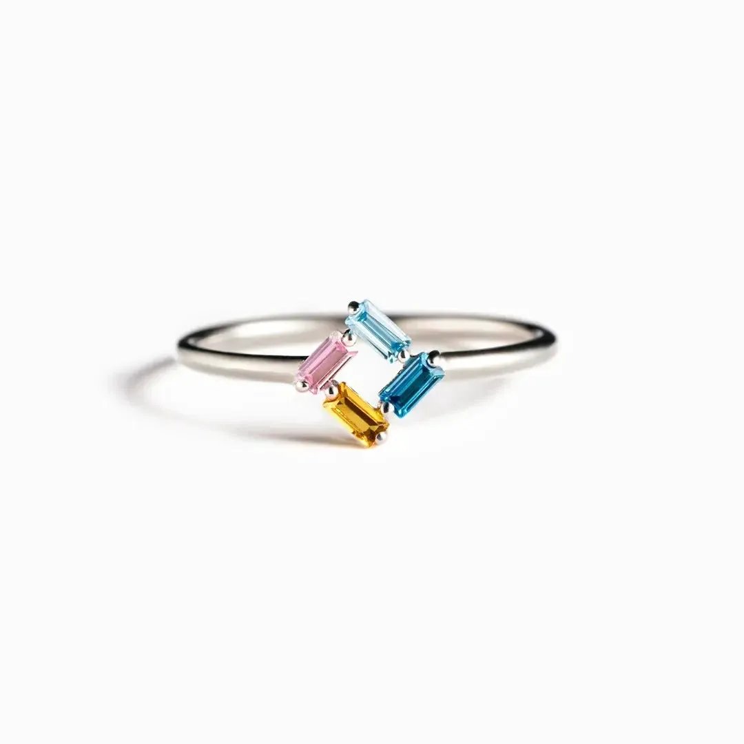 925 Rectangular Birthstone Ring Female Simple Fashion 3-6 Diamond Color Optional Customization by Maiden-Art