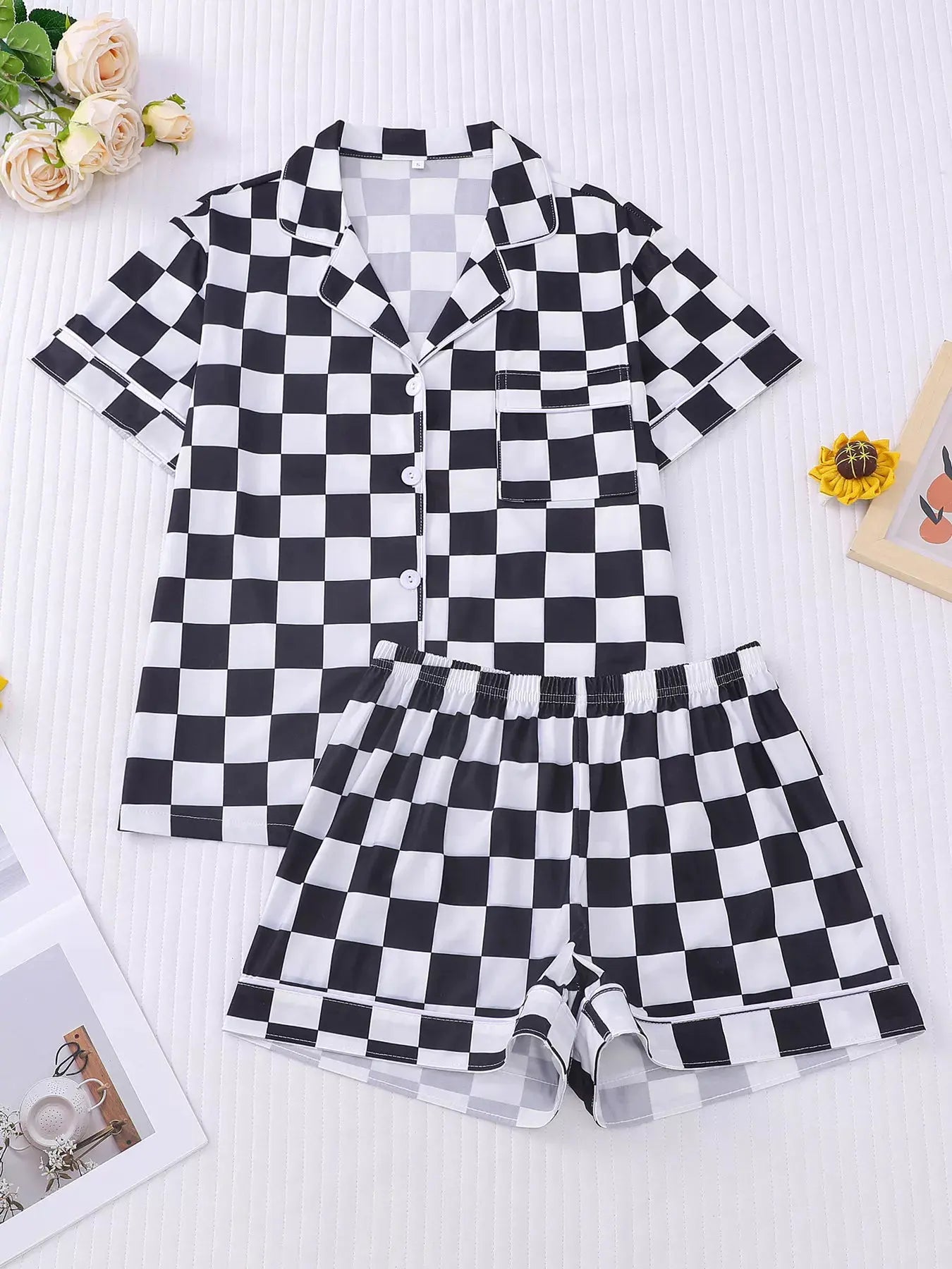 Checkered Print Button Up Top and Shorts Lounge Set by Partner Label