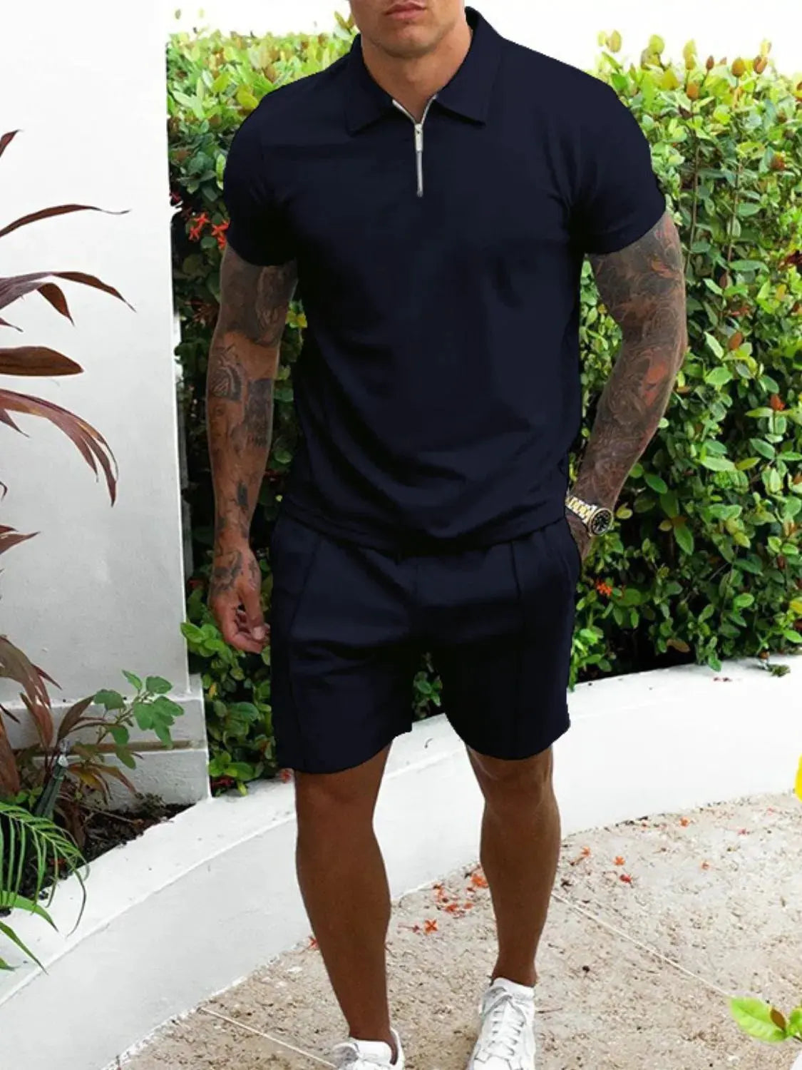 Men's Full Size Collared Neck Short Sleeve Top and Shorts Set Plus Size by Trendsi