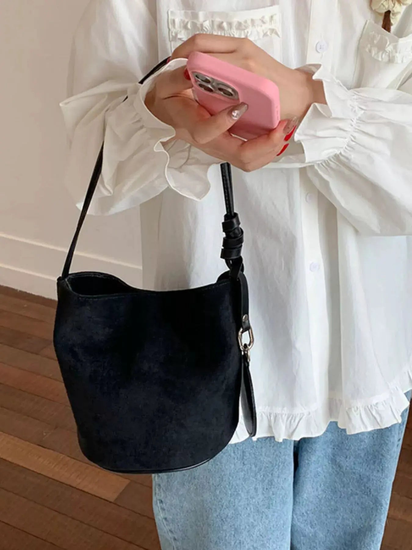 Suede Solid Color Bucket Bag by Partner Label