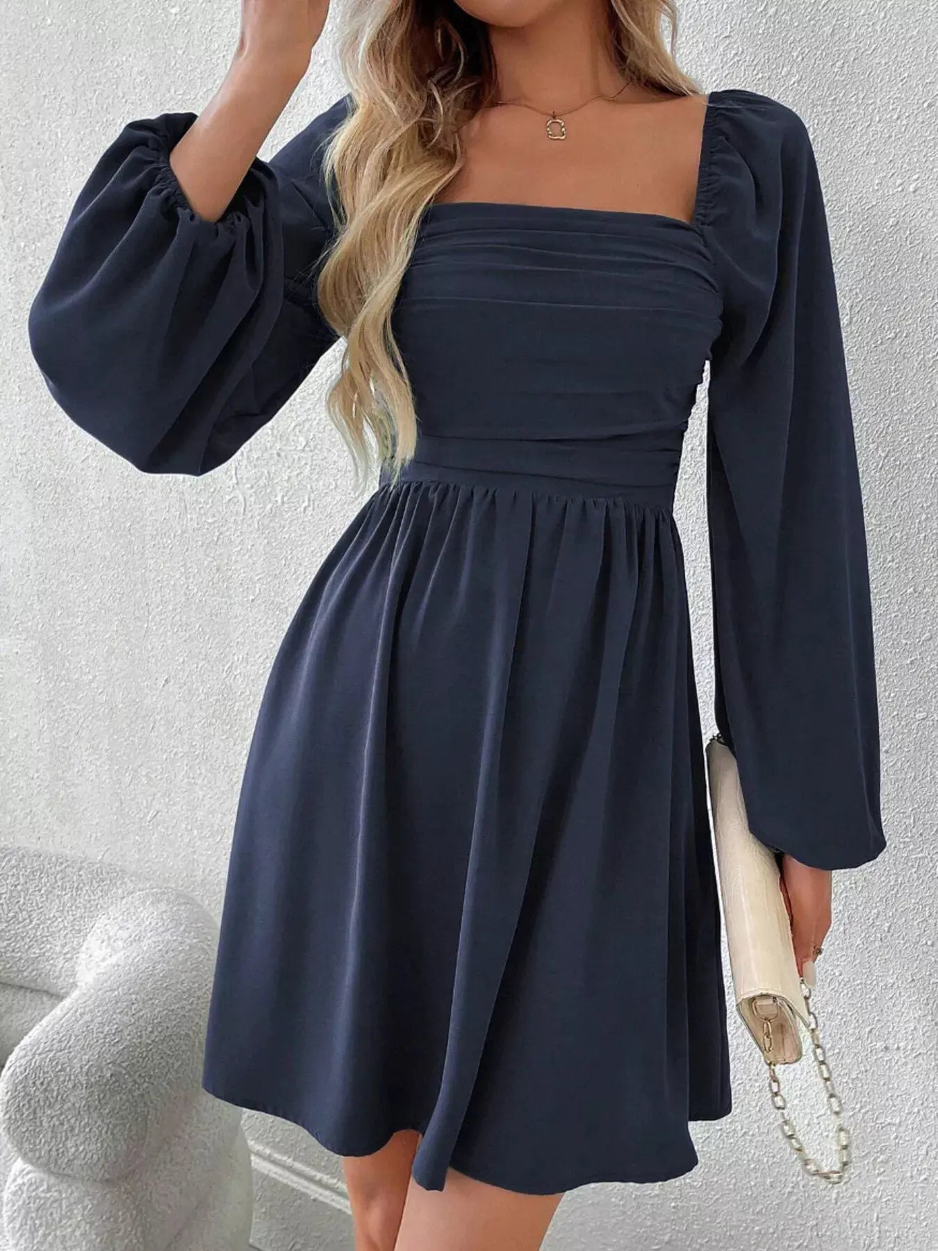 Ruched Square Neck Long Sleeve A-Line Dress by Partner Label