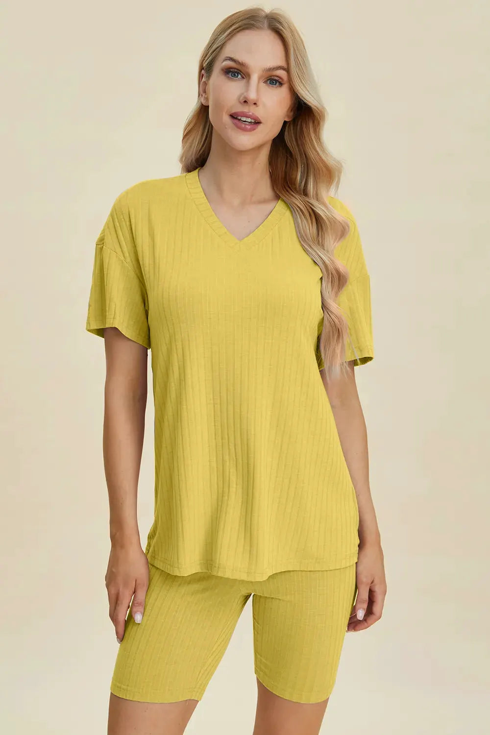 Basic Bae Full Size Ribbed V-Neck Short Sleeve Top and Shorts Set by Basic Bae