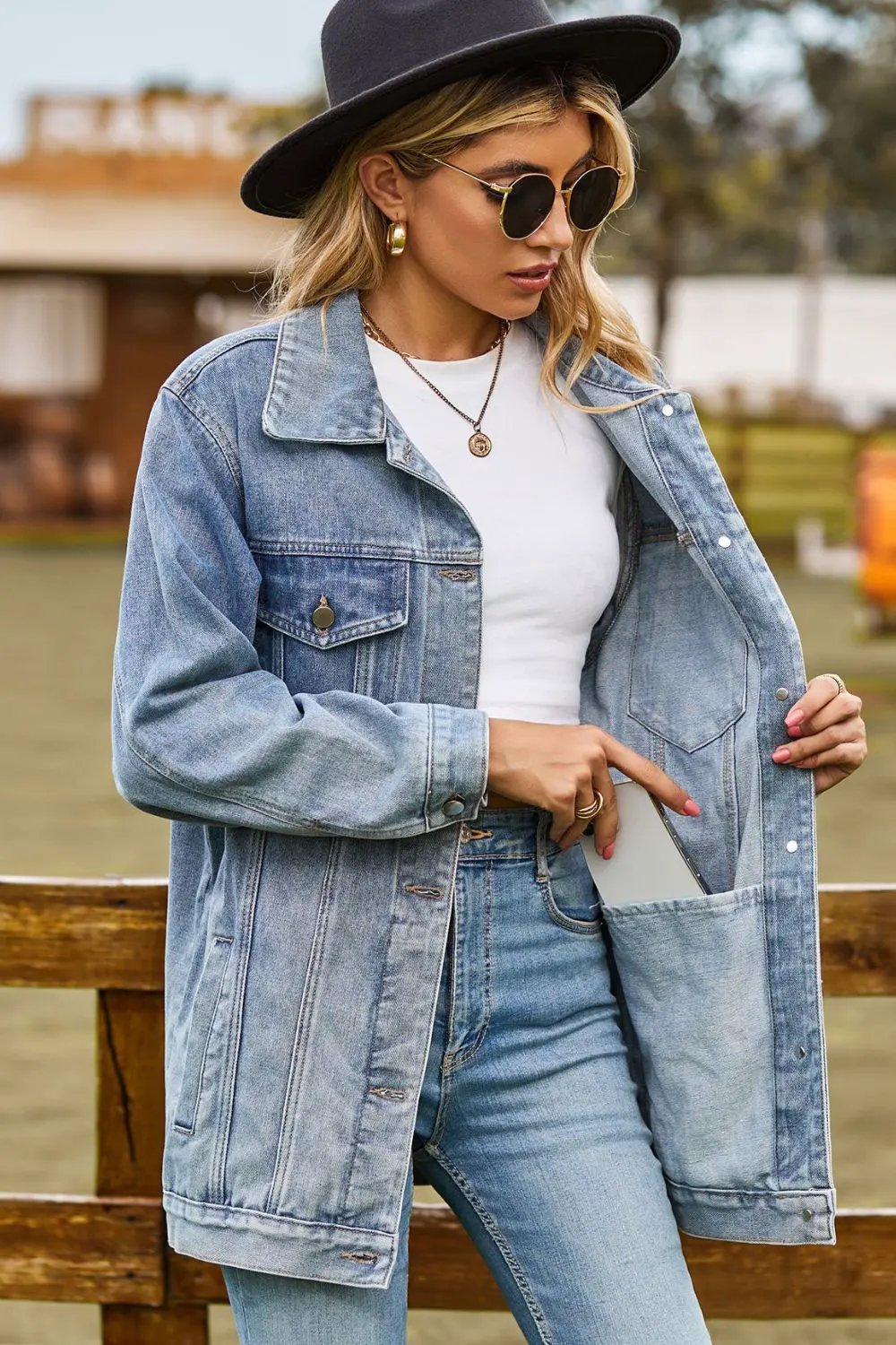 Buttoned Collared Neck Denim Jacket with Pockets by Partner Label