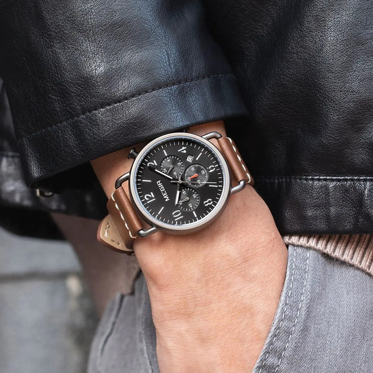 MEGIR Fashion Mens Watches Luxury Sport Quartz Wrist Watch Steel Mesh Business Casual Watches Calendar Leather Band Man Clock 2158 by MEGIR WATCH GROUP