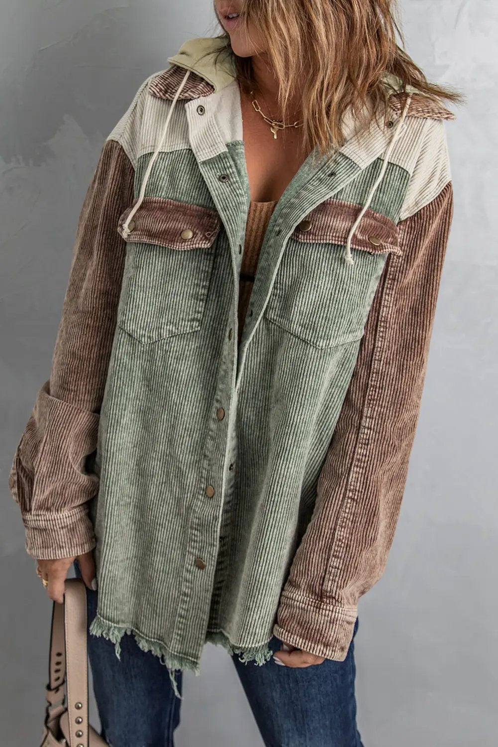 Snap Front Hooded Corduroy Shacket by Partner Label