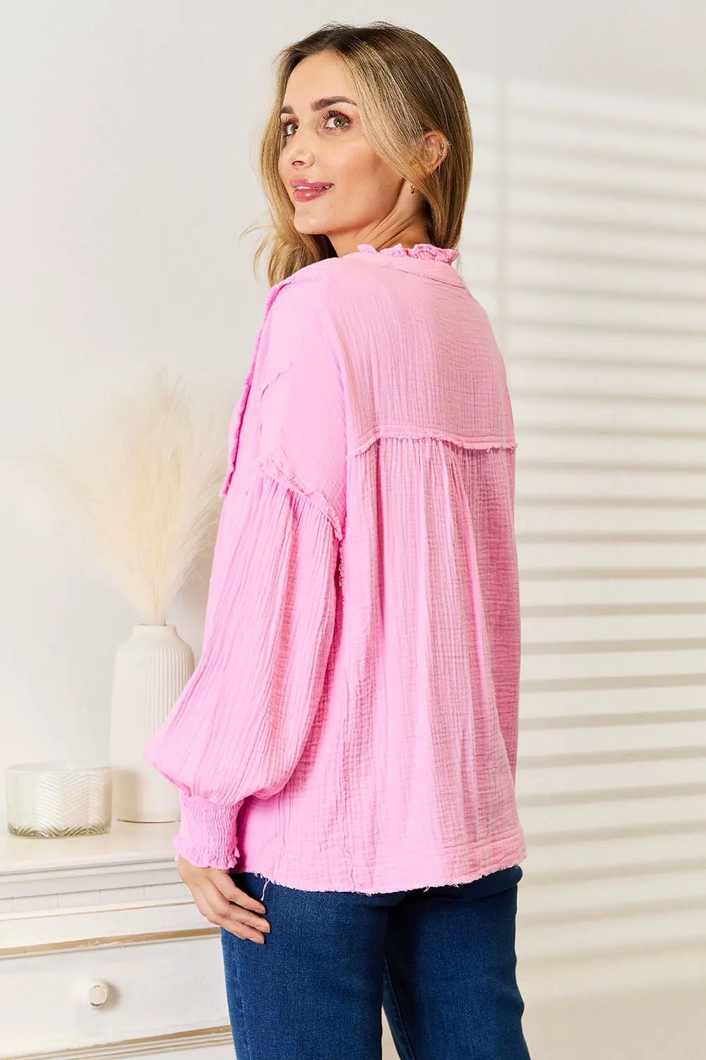 Double Take Exposed Seam Buttoned Notched Neck Blouse by Double Take