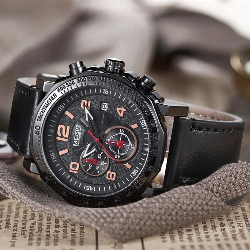MEGIR Men's Sport Watch Large Dial Quartz Luminous Wristwatch Date Clock Fashion Relogio Masculino Leather Chronograph for Men 2048 by MEGIR WATCH GROUP